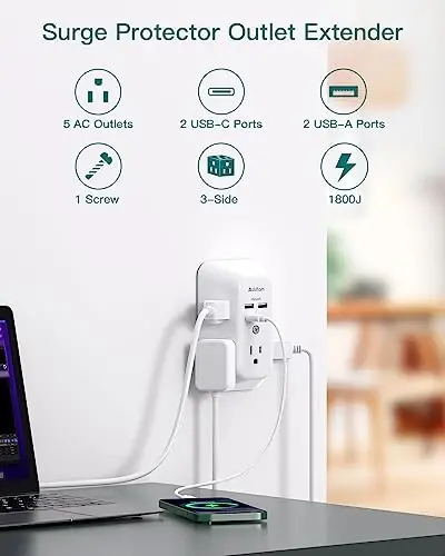 Outlet Extender Surge Protector - Addtam 5-Outlet Splitter with 4 USB Wall Charger(PD 30W), Multi Plug Wall Outlet Power Strip for Home, Dorm Room Essentials - 2