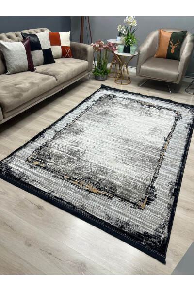 OUTLET MILANO Frame Patterned Soft Living Room Hallway Kitchen Machine Woven Rug - BLACK/GRAY - 1