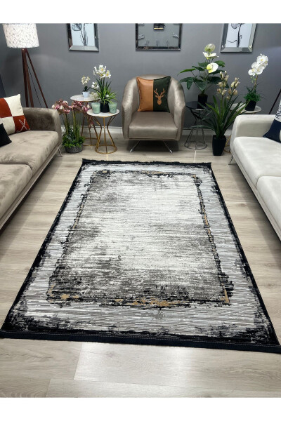 OUTLET MILANO Frame Patterned Soft Living Room Hallway Kitchen Machine Woven Rug - BLACK/GRAY - 2