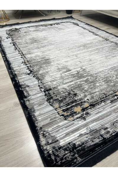 OUTLET MILANO Frame Patterned Soft Living Room Hallway Kitchen Machine Woven Rug - BLACK/GRAY - 3