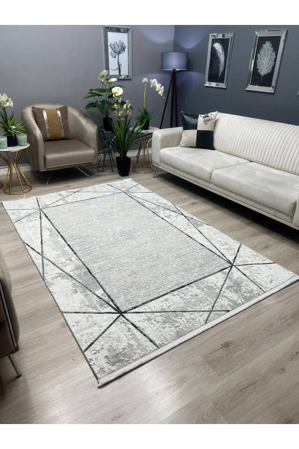 OUTLET MILANO Framed Patterned Soft Living Room Hallway Kitchen Machine Woven Rug – GRAY - 1