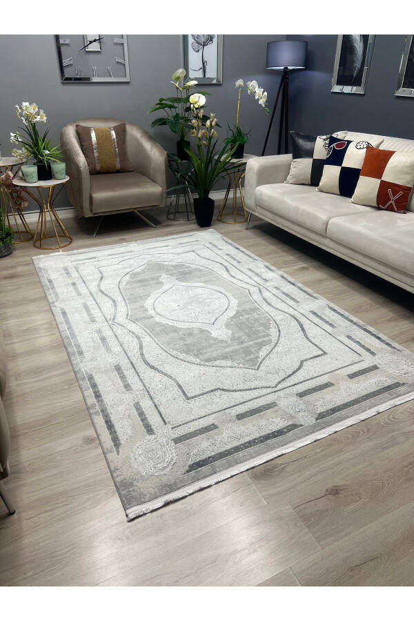 OUTLET MILANO Framed Patterned Soft Living Room Hallway Kitchen Machine Woven Rug - GRAY - 1