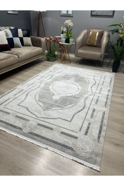 OUTLET MILANO Framed Patterned Soft Living Room Hallway Kitchen Machine Woven Rug - GRAY - 2