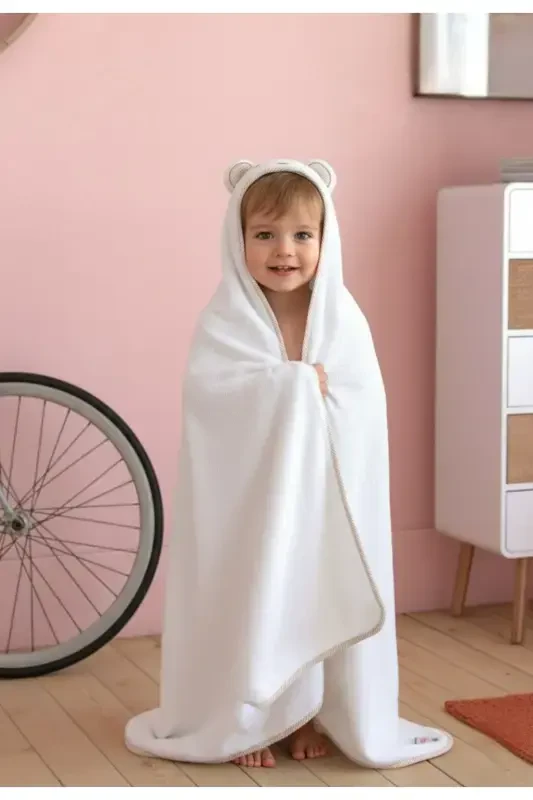 OUTLET PRODUCT Cotton Unisex Newborn-Baby Bath Towel Swaddle 100x100cm BEAR /WHITE - 1