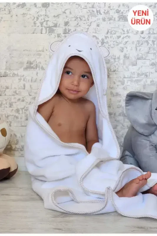 OUTLET PRODUCT Cotton Unisex Newborn-Baby Bath Towel Swaddle 100x100cm BEAR /WHITE - 3