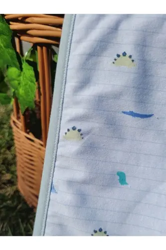 OUTLET Tek katlı Pamuklu Penye Kız erkek Yenidoğan-bebek Kundak Battaniyesi/ Çizgili Dino - AÇIK MAVİ - 3