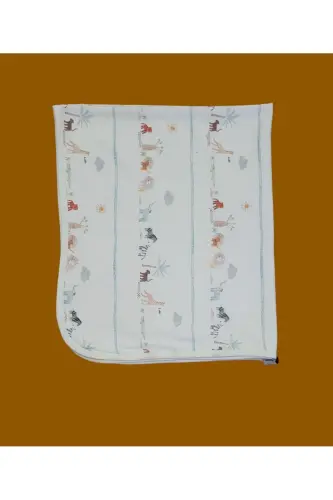 OUTLET Tek katlı Pamuklu Penye Kız erkek Yenidoğan-bebek Kundak Battaniyesi Ekru/çizgili Hayvan - krem2 - 5