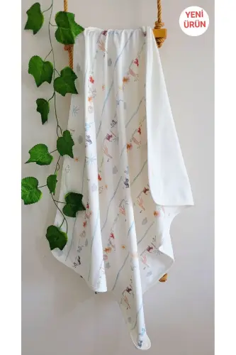 OUTLET Tek katlı Pamuklu Penye Kız erkek Yenidoğan-bebek Kundak Battaniyesi Ekru/çizgili Hayvan - krem2 - PAMUK HANIM (1)