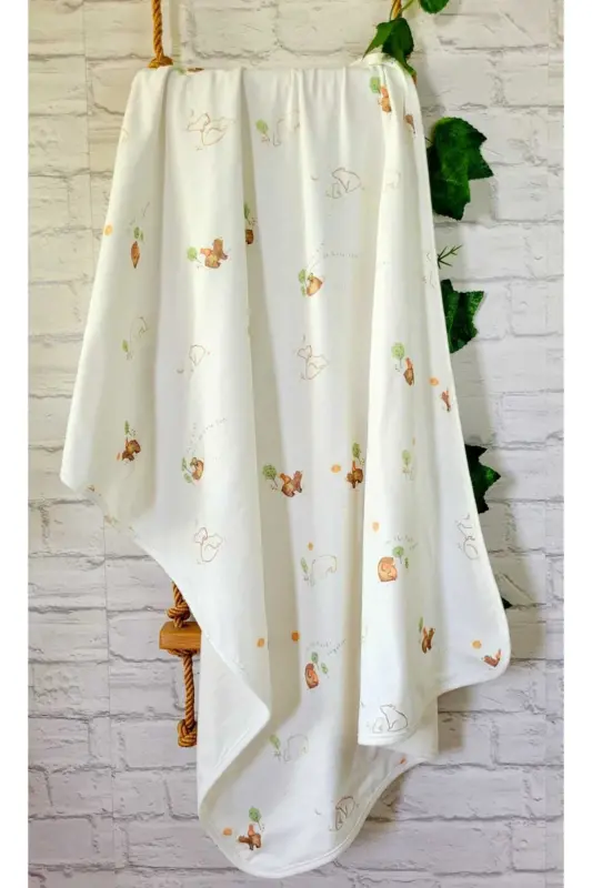 OUTLET Tek katlı Pamuklu Penye Kız erkek Yenidoğan-bebek Kundak Battaniyesi / Koca Ayı-KREM - 1