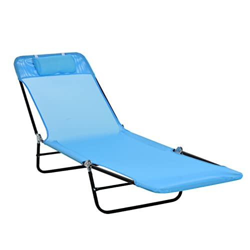 Outsunny Folding Chaise Lounge Chair, Pool Sun Tanning Chair, Outdoor Lounge Chair with Reclining Back, Breathable Mesh Seat, Headrest for Beach, Yard, Patio, Blue - 2