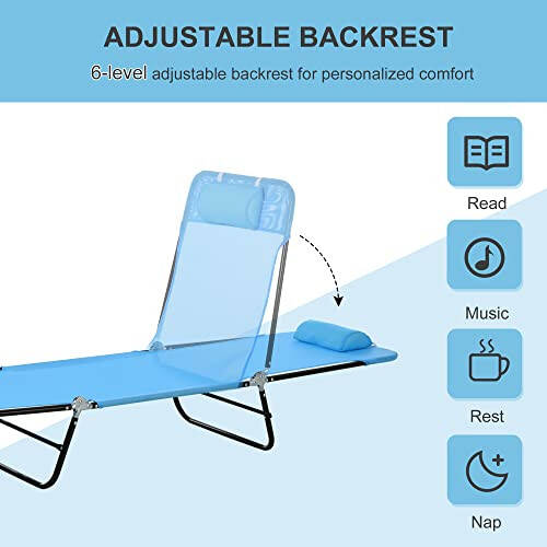 Outsunny Folding Chaise Lounge Chair, Pool Sun Tanning Chair, Outdoor Lounge Chair with Reclining Back, Breathable Mesh Seat, Headrest for Beach, Yard, Patio, Blue - 4