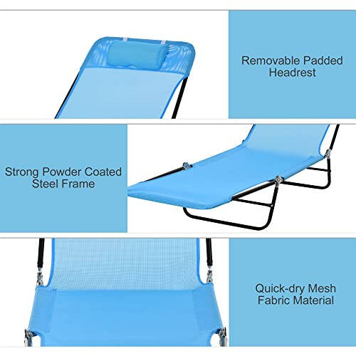 Outsunny Folding Chaise Lounge Chair, Pool Sun Tanning Chair, Outdoor Lounge Chair with Reclining Back, Breathable Mesh Seat, Headrest for Beach, Yard, Patio, Blue - 5