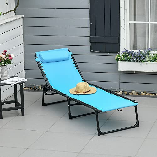 Outsunny Folding Chaise Lounge Pool Chair, Patio Sun Tanning Chair, Outdoor Lounge Chair with 4-Position Reclining Back, Breathable Mesh Seat for Beach, Yard, Patio, Blue - 2