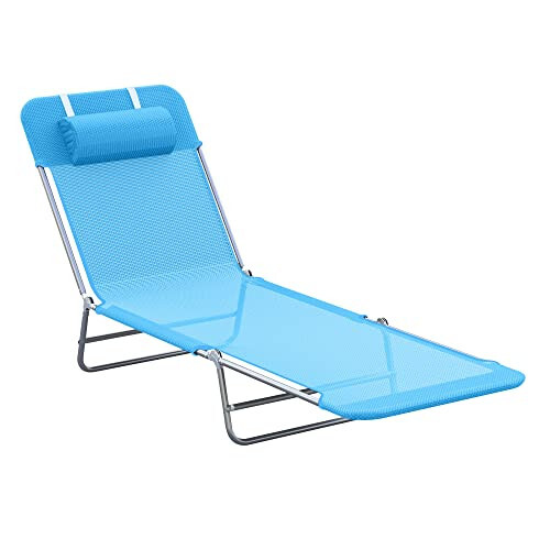 Outsunny Folding Chaise Lounge Pool Chairs, Outdoor Sun Tanning Chairs with Pillow, Reclining Back, Steel Frame & Breathable Mesh for Beach, Yard, Patio, Blue - 1