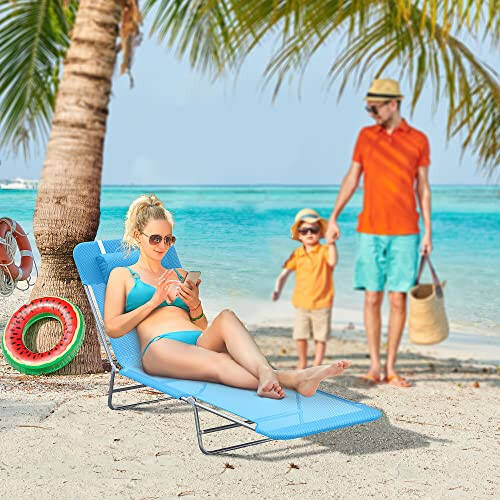 Outsunny Folding Chaise Lounge Pool Chairs, Outdoor Sun Tanning Chairs with Pillow, Reclining Back, Steel Frame & Breathable Mesh for Beach, Yard, Patio, Blue - 2