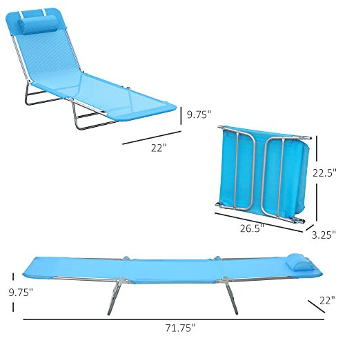 Outsunny Folding Chaise Lounge Pool Chairs, Outdoor Sun Tanning Chairs with Pillow, Reclining Back, Steel Frame & Breathable Mesh for Beach, Yard, Patio, Blue - 3