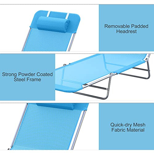 Outsunny Folding Chaise Lounge Pool Chairs, Outdoor Sun Tanning Chairs with Pillow, Reclining Back, Steel Frame & Breathable Mesh for Beach, Yard, Patio, Blue - 4