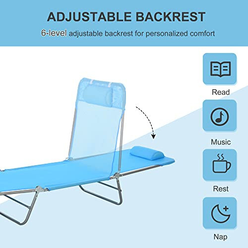 Outsunny Folding Chaise Lounge Pool Chairs, Outdoor Sun Tanning Chairs with Pillow, Reclining Back, Steel Frame & Breathable Mesh for Beach, Yard, Patio, Blue - 5