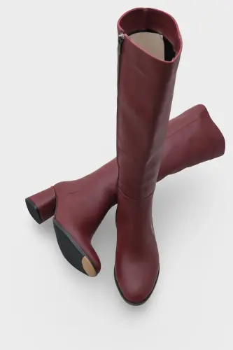 Oval Burunlu Yandan Fermuarlı Bordo Topuklu Kadın Çizme-Bordo - 4
