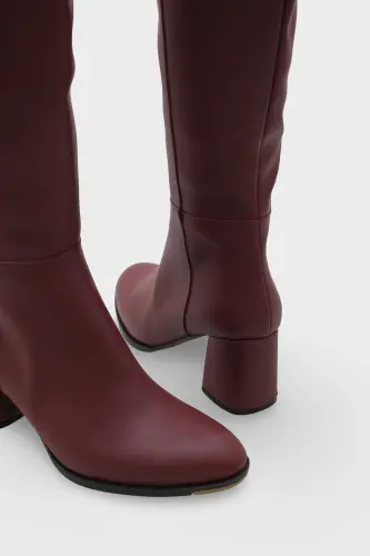 Oval Burunlu Yandan Fermuarlı Bordo Topuklu Kadın Çizme-Bordo - 5
