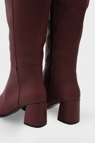Oval Burunlu Yandan Fermuarlı Bordo Topuklu Kadın Çizme-Bordo - 6