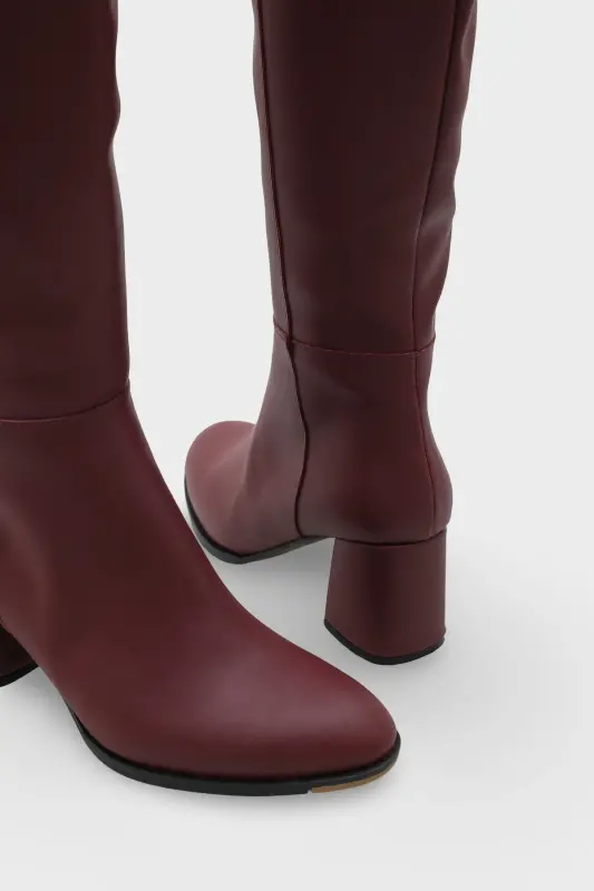 Oval Burunlu Yandan Fermuarlı Bordo Topuklu Kadın Çizme - Bordo - 5