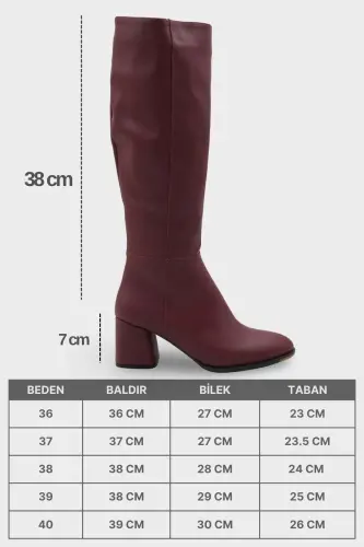 Oval Burunlu Yandan Fermuarlı Bordo Topuklu Kadın Çizme - Bordo - 7