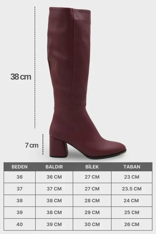 Oval Burunlu Yandan Fermuarlı Bordo Topuklu Kadın Çizme - Bordo - 7