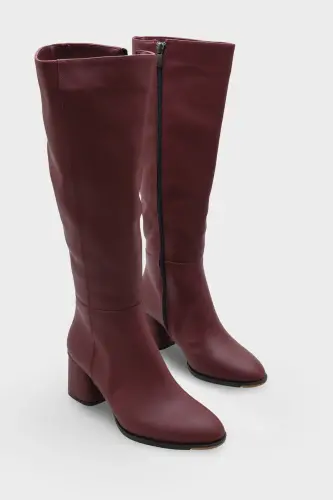 Oval Burunlu Yandan Fermuarlı Bordo Topuklu Kadın Çizme-Bordo - CAPONE OUTFITTERS (1)