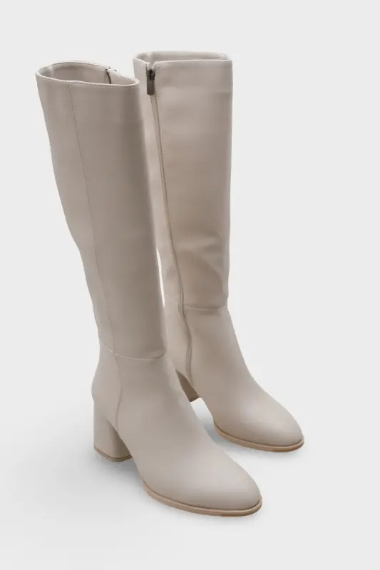 Oval Burunlu Yandan Fermuarlı Ekru Bej Topuklu Kadın Çizme-Ekru Bej - 2