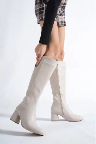 Oval Burunlu Yandan Fermuarlı Ekru Bej Topuklu Kadın Çizme-Ekru Bej - 5