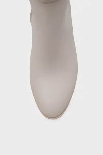 Oval Burunlu Yandan Fermuarlı Ekru Bej Topuklu Kadın Çizme-Ekru Bej - 3