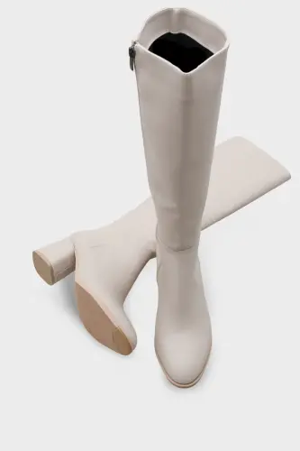 Oval Burunlu Yandan Fermuarlı Ekru Bej Topuklu Kadın Çizme-Ekru Bej - 4