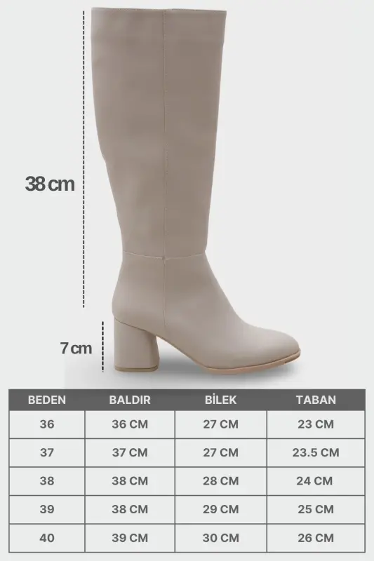 Oval Burunlu Yandan Fermuarlı Ekru Bej Topuklu Kadın Çizme-Ekru Bej - 7