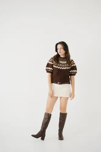 Oval Burunlu Yandan Fermuarlı Kahve Topuklu Kadın Çizme-Kahve - 5