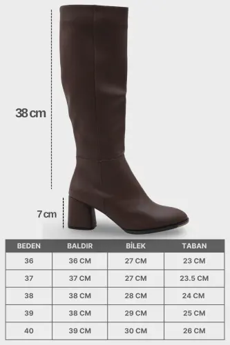 Oval Burunlu Yandan Fermuarlı Kahve Topuklu Kadın Çizme-Kahve - 7