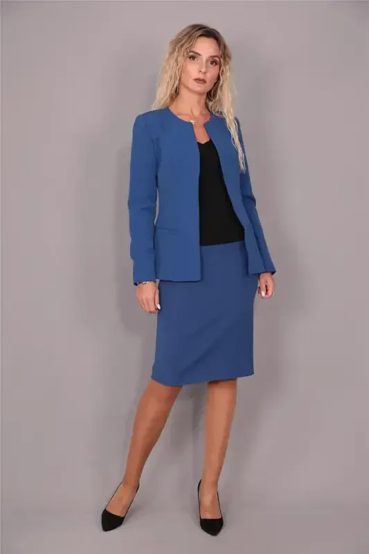 Oval Collar Long Jacket & Pencil Skirt Set - Indigo - 2
