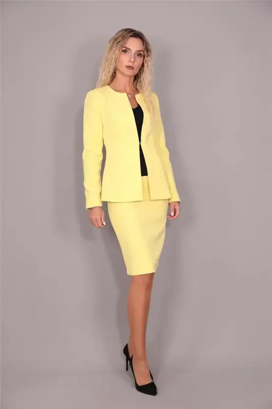 Oval Collar Long Jacket & Pencil Skirt Set - Yellow - ÖNDER ÖZSOY