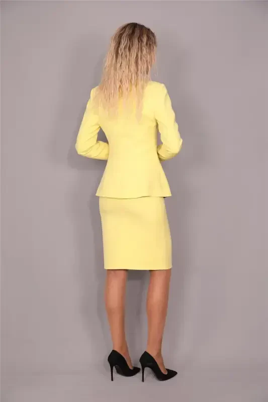 Oval Collar Long Jacket & Pencil Skirt Set - Yellow - 2