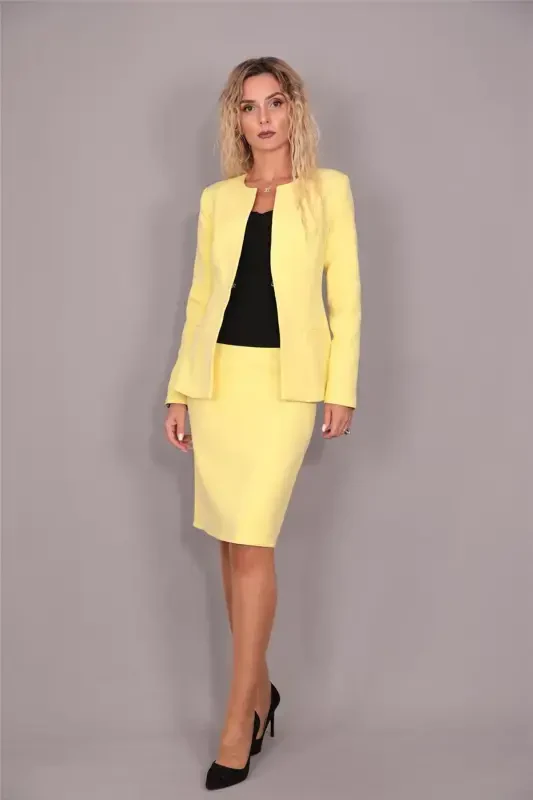 Oval Collar Long Jacket & Pencil Skirt Set - Yellow - 4