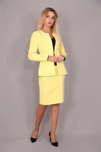 Oval Collar Long Jacket & Pencil Skirt Set - Yellow - 5