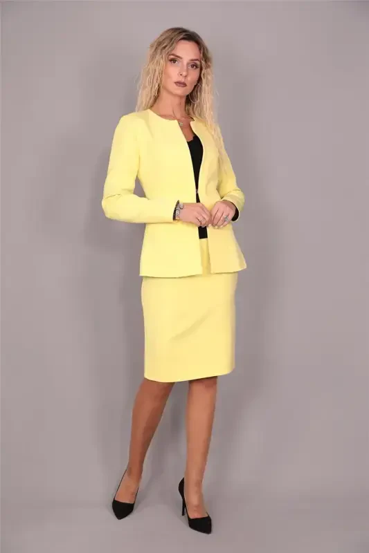Oval Collar Long Jacket & Pencil Skirt Set - Yellow - 5