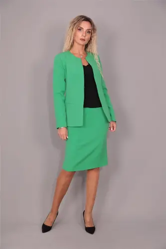 Oval Collar Long Jacket & Pencil Skirt Suit - A.Green - 4