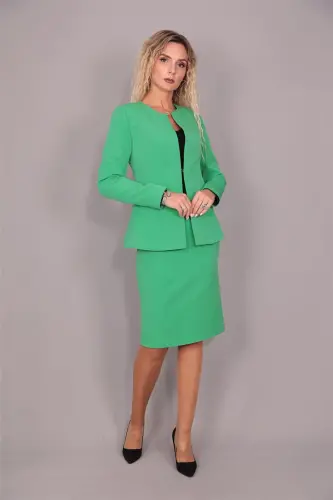 Oval Collar Long Jacket & Pencil Skirt Suit - A.Green - 5