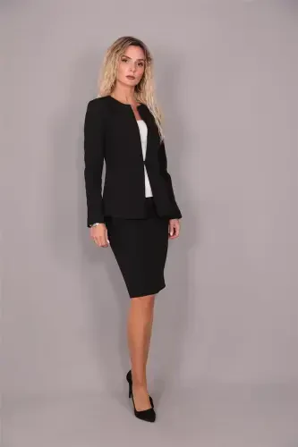 Oval Collar Long Jacket & Pencil Skirt Suit - Black - 3