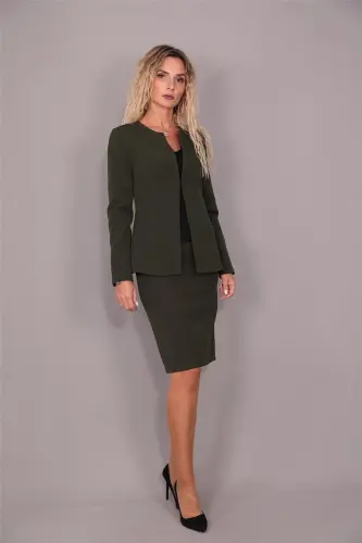 Oval Collar Long Jacket & Pencil Skirt Suit-Khaki-Khaki 