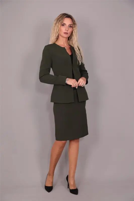 Oval Collar Long Jacket & Pencil Skirt Suit-Khaki-Khaki - 4