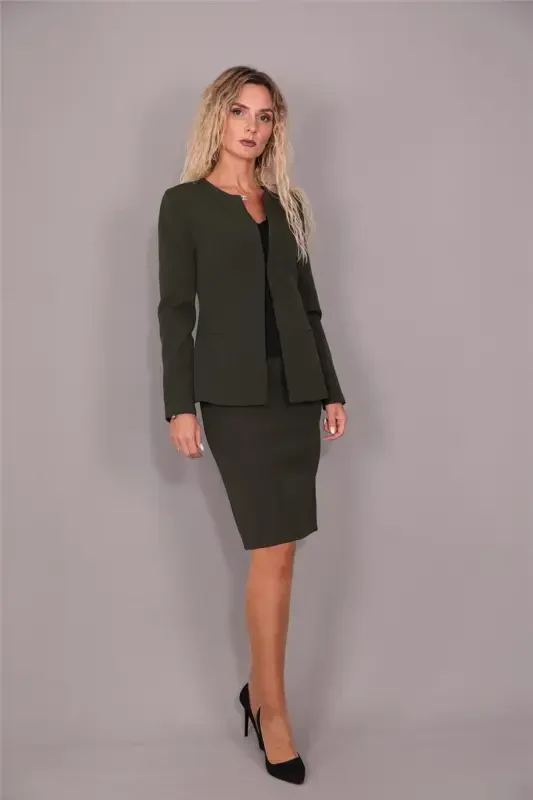 Oval Collar Long Jacket & Pencil Skirt Suit-Khaki-Khaki - ÖNDER ÖZSOY
