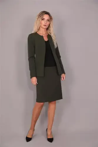 Oval Collar Long Jacket & Pencil Skirt Suit-Khaki-Khaki - 3