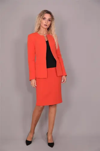 Oval Collar Long Jacket & Pencil Skirt Suit - Orange - 3